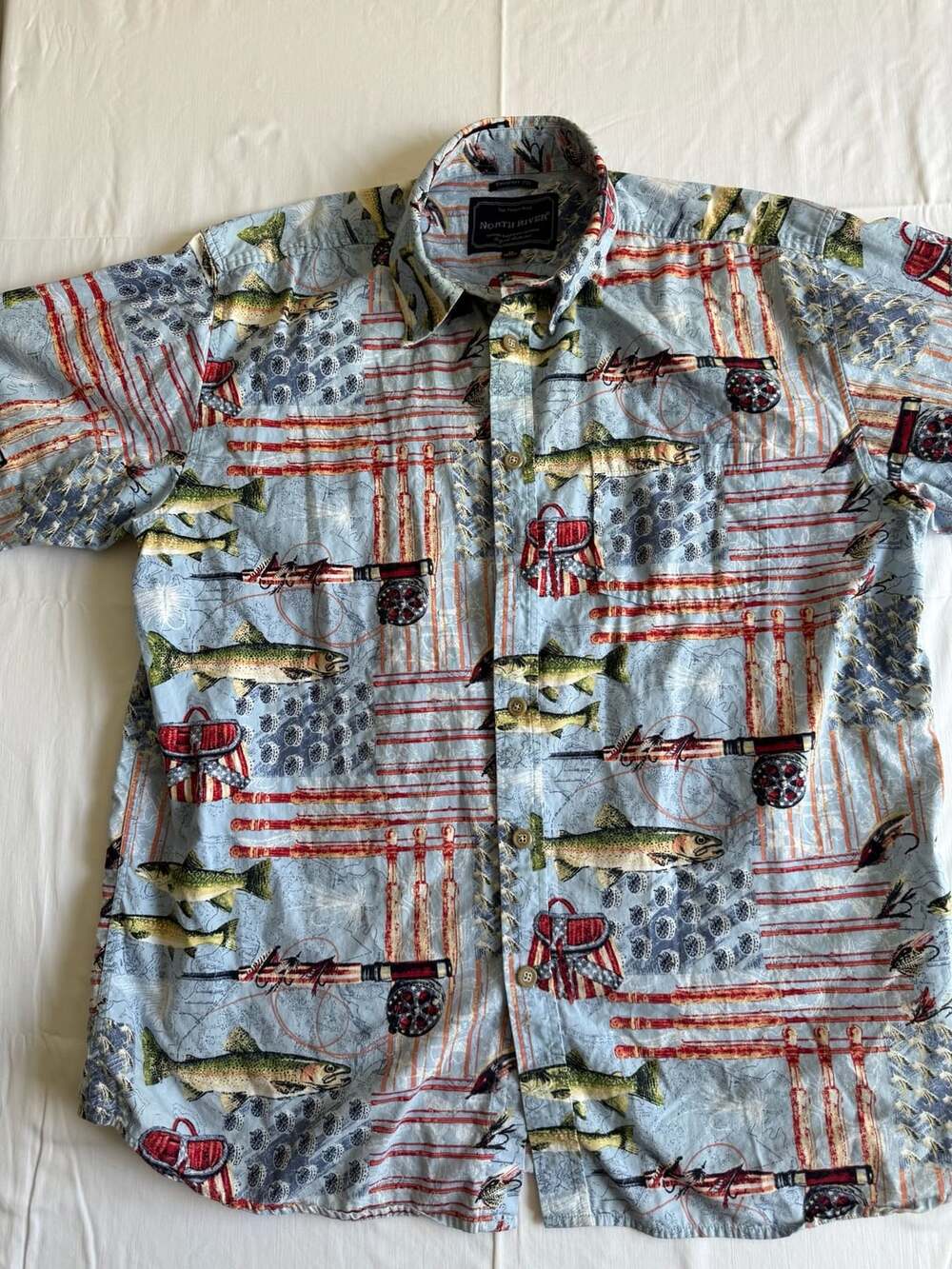 North River Fishing Shirt Size XL Blue Trout Print Short Sleeve campcore